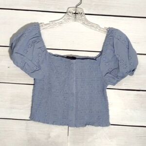 Ambiance Eyelet Sleeve Light Blue Crop Top